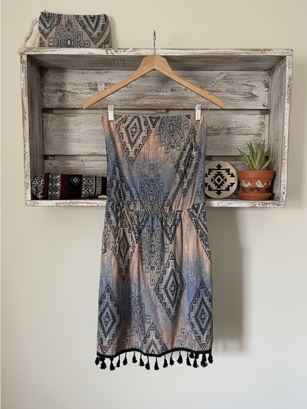 Tart Strapless Aztec Print Mini Dress with Tassel Hem in Blue and Cream
Size XS